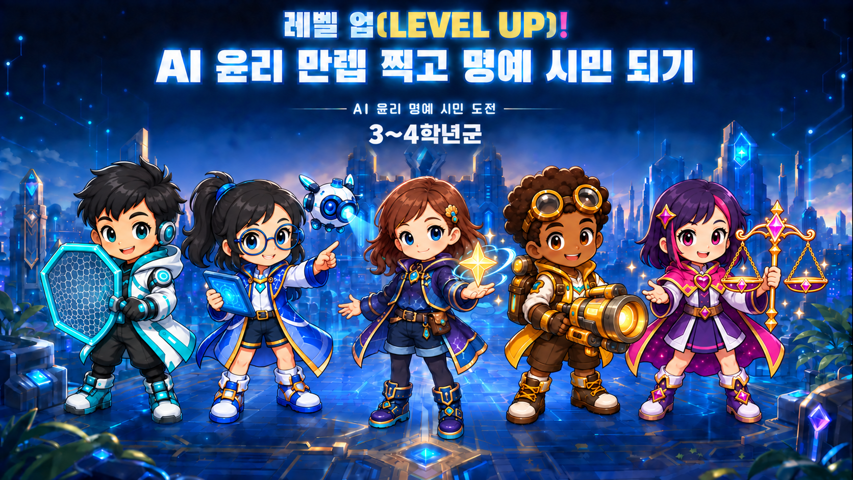 AI 윤리 탐험대의 가온·다온·윤슬·하람·누리 다섯 대원과 로봇이 함께한 최신 표지